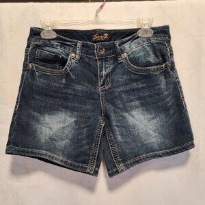 Seven7 Jean Shorts Dark Blue Denim Womens 4 Low Rise 5 Pocket Stretch Distressed